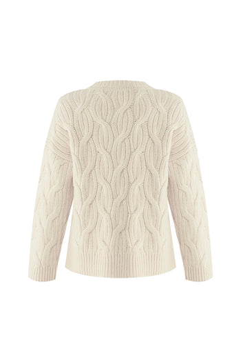 Boncuk İşlemeli Bisiklet Yaka Regular Triko Kemik Bluz