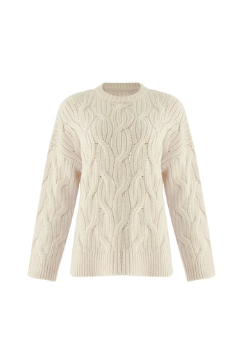 Boncuk İşlemeli Bisiklet Yaka Regular Triko Kemik Bluz