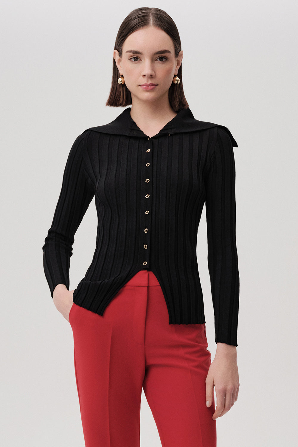 Şal Yaka Düğmeli Uzun Kollu Triko Regular Siyah Hırka