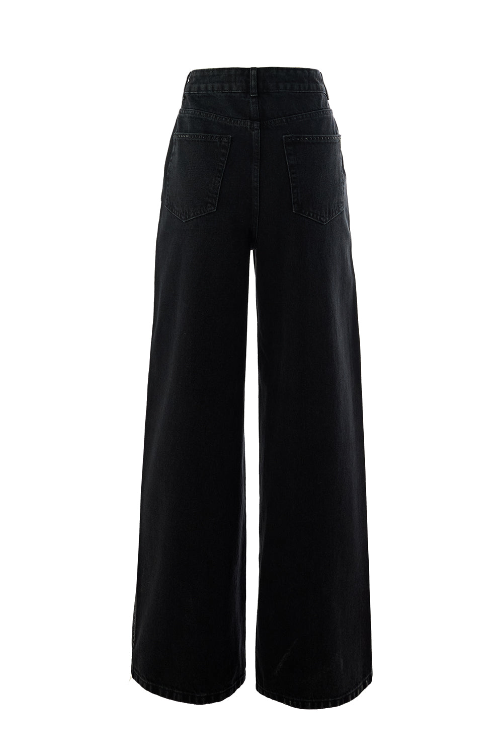Taş Detaylı Cepli Regular Geniş Paça Siyah Denim Pantolon