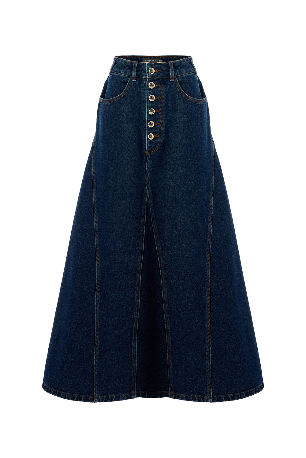 Pamuklu Cepli Denim Regular Midi İndigo Etek