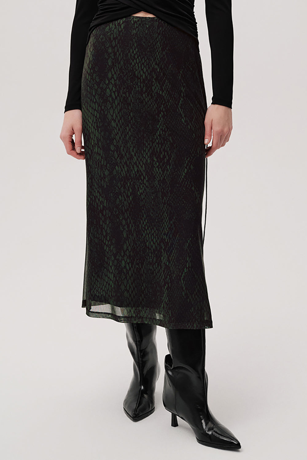 Yılan Desenli Slim Fit Tül Midi Yeşil Etek