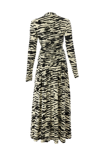 Kruvaze Yaka Uzun Kollu Slim Fit Örme Midi Siyah Kemik Elbise