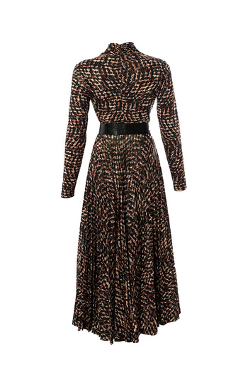 Desenli Uzun Kollu Kemerli Slim Fit Pliseli Midi Elbise