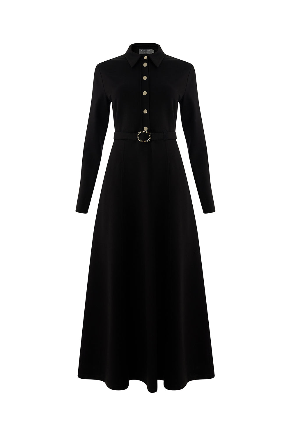 Kemerli Gömlek Yaka Cepli Slim Fit Midi Siyah Örme Elbise
