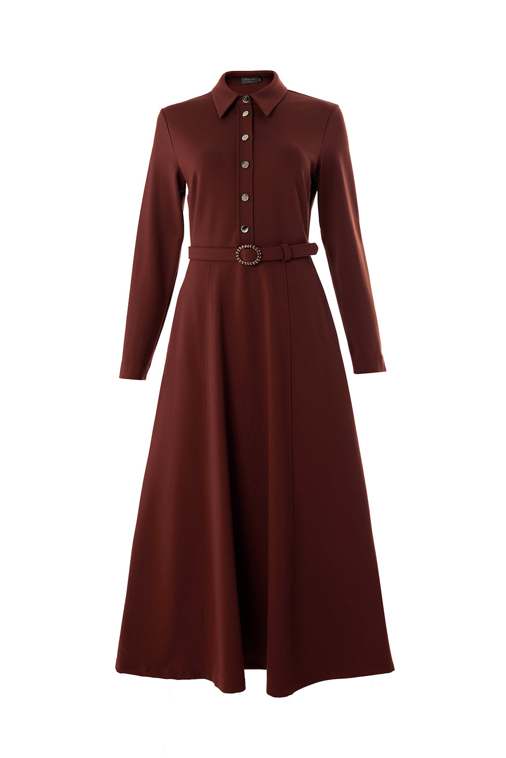 Kemerli Gömlek Yaka Cepli Slim Fit Midi Taba Örme Elbise