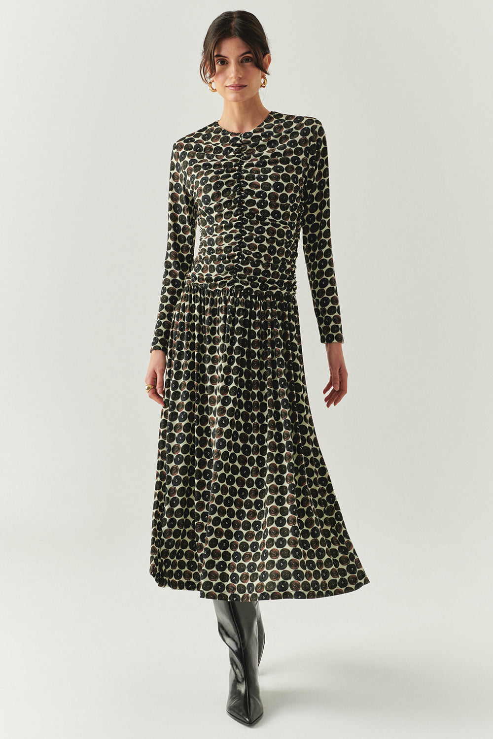 Bisiklet Yaka Uzun Kollu Drapeli Slim Fit Örme Midi Çok Renkli Elbise