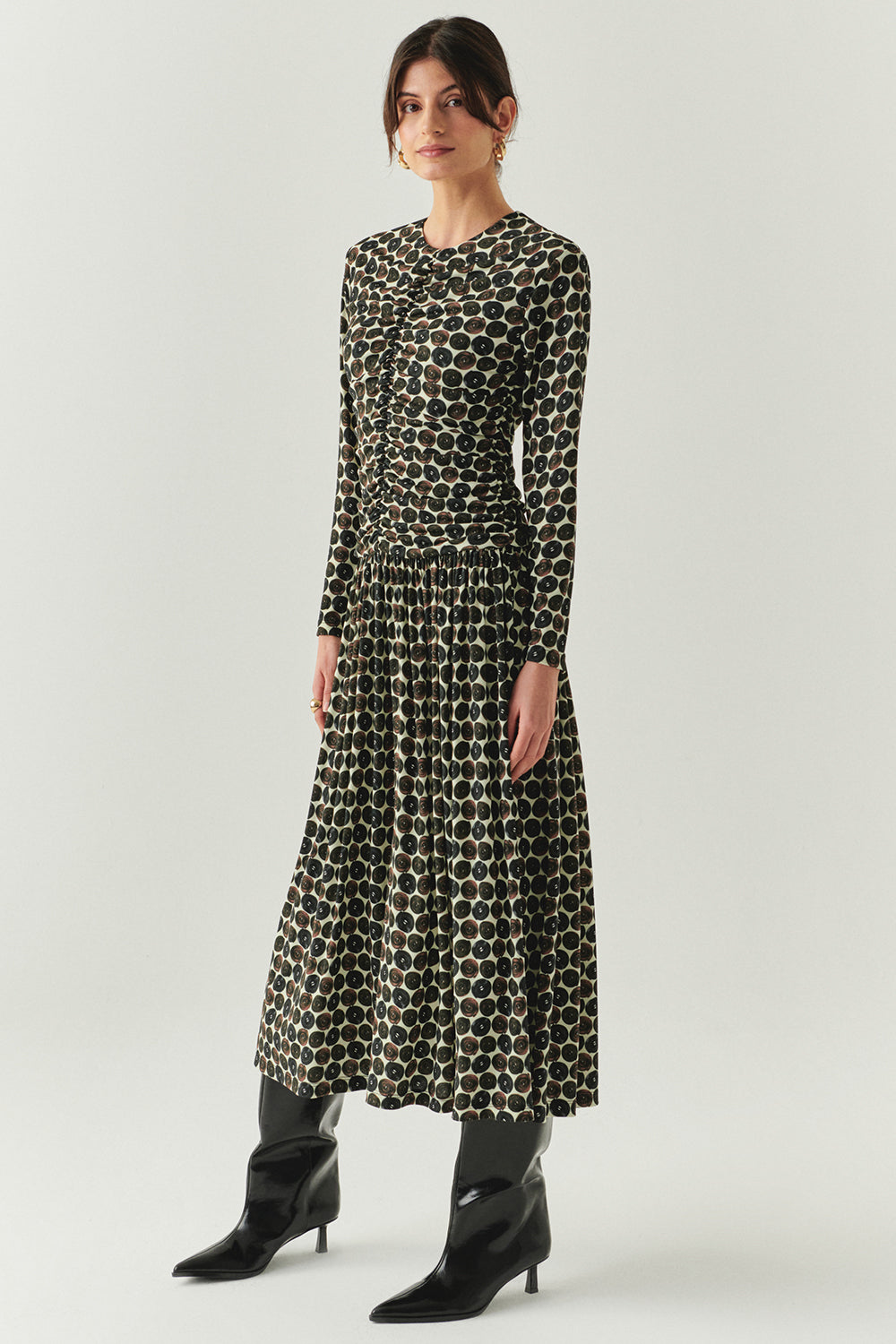 Bisiklet Yaka Uzun Kollu Drapeli Slim Fit Örme Midi Çok Renkli Elbise