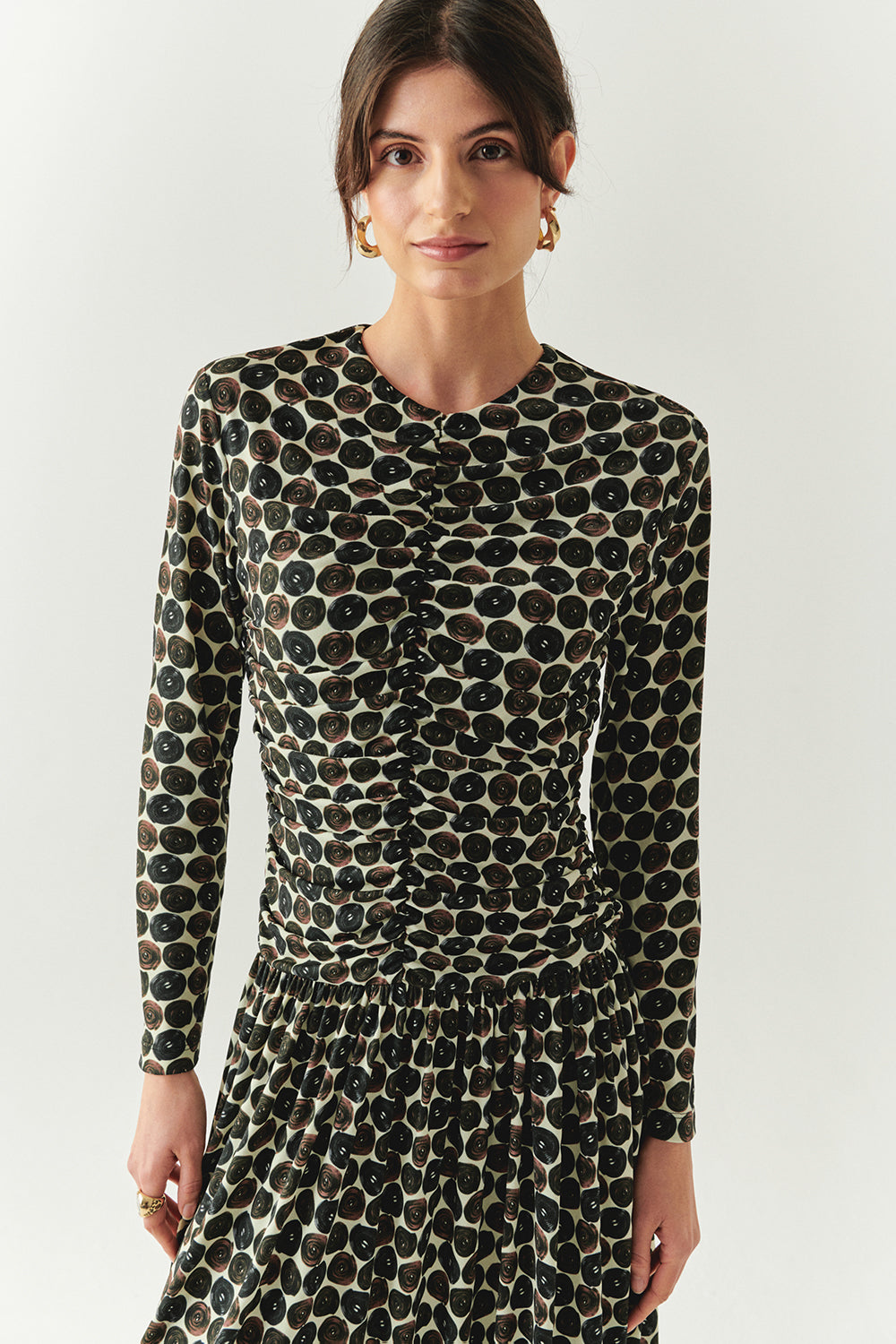 Bisiklet Yaka Uzun Kollu Drapeli Slim Fit Örme Midi Çok Renkli Elbise