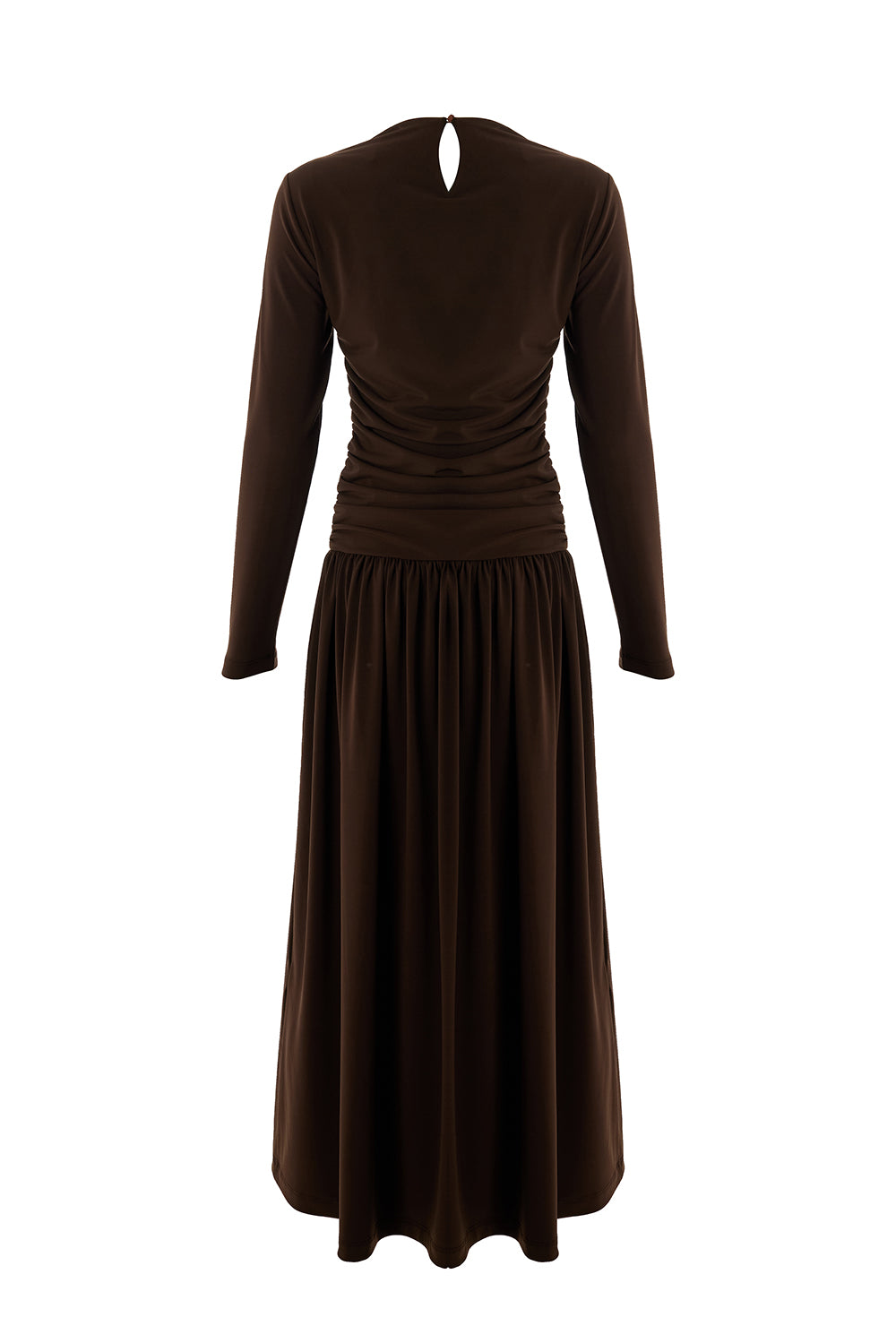 Bisiklet Yaka Uzun Kollu Drapeli Slim Fit Midi Örme Kahve Elbise