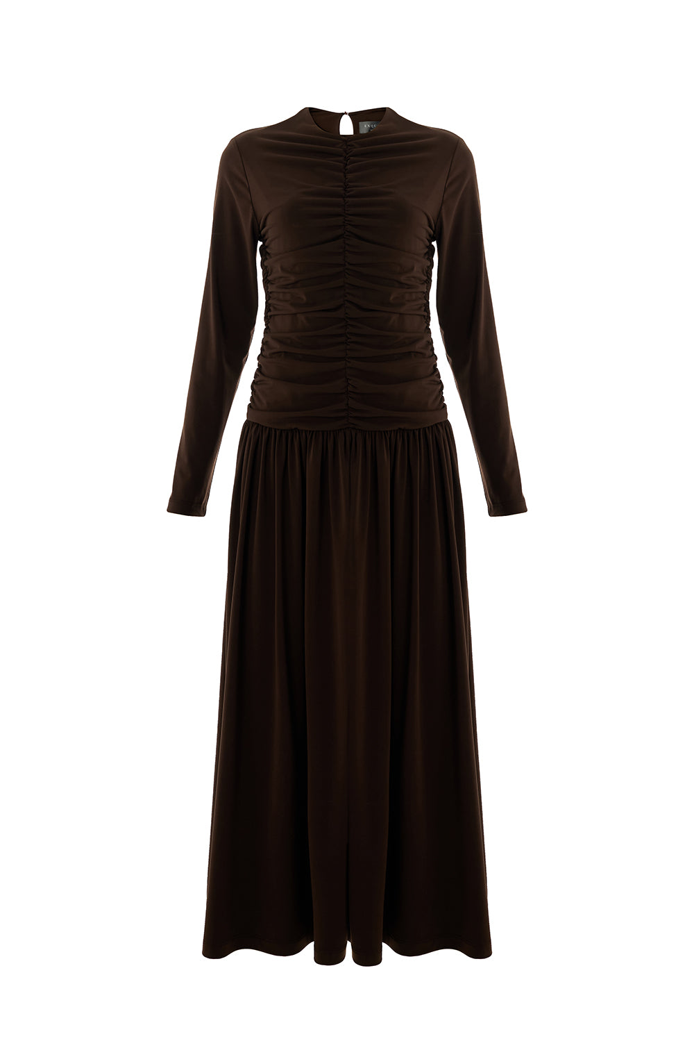 Bisiklet Yaka Uzun Kollu Drapeli Slim Fit Midi Örme Kahve Elbise