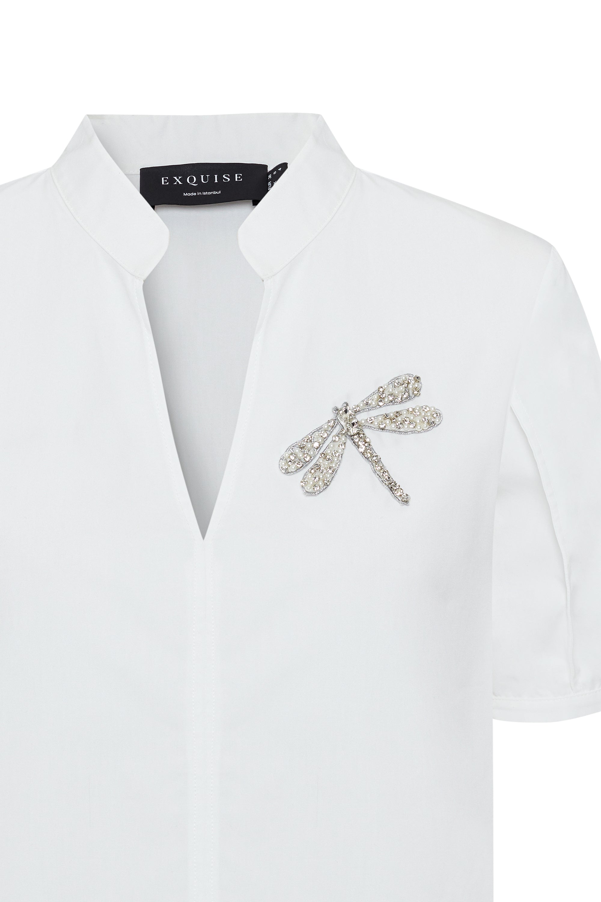 Taş İşlemeli Hakim Yaka Pamuklu Rahat Kalıp Beyaz Bluz