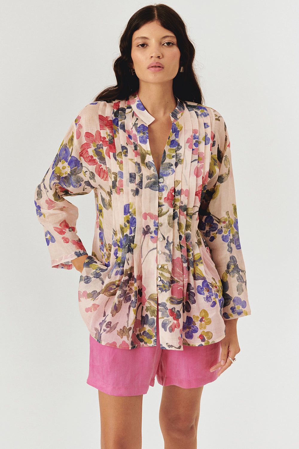 Yakasız Rahat Kalıp Floral Desen Bluz