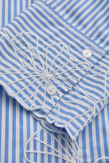 Çiçek İşlemeli Mavi Çizgili Regular Gömlek