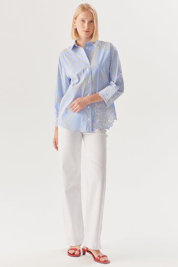 Çiçek İşlemeli Mavi Çizgili Regular Gömlek