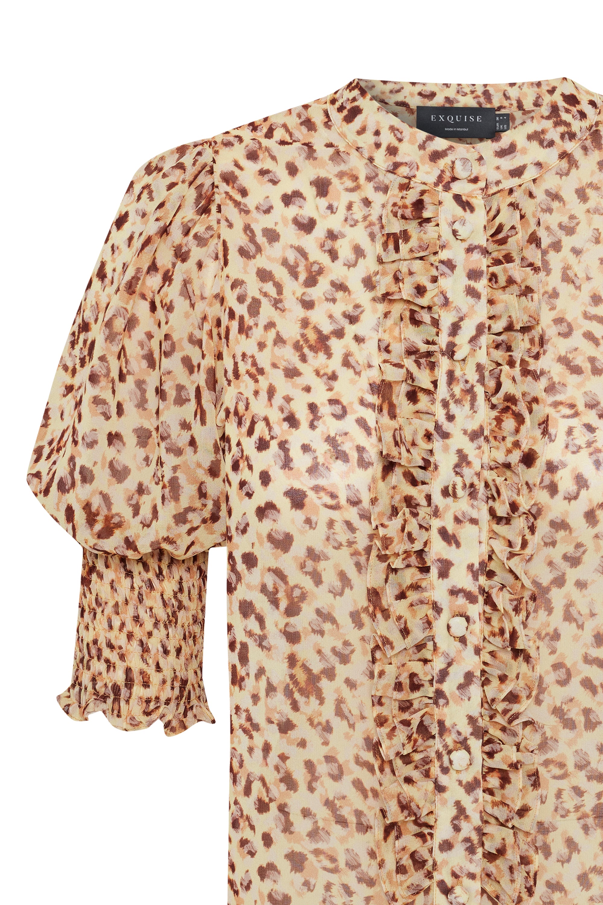 Kısa Kol Fırfır Biye Detaylı Regular Fit Desenli Şifon Gömlek