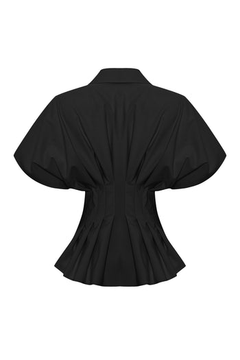 Düşük Kollu Bele Oturan Pileli Poplin Gömlek