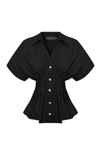 Düşük Kollu Bele Oturan Pileli Poplin Gömlek