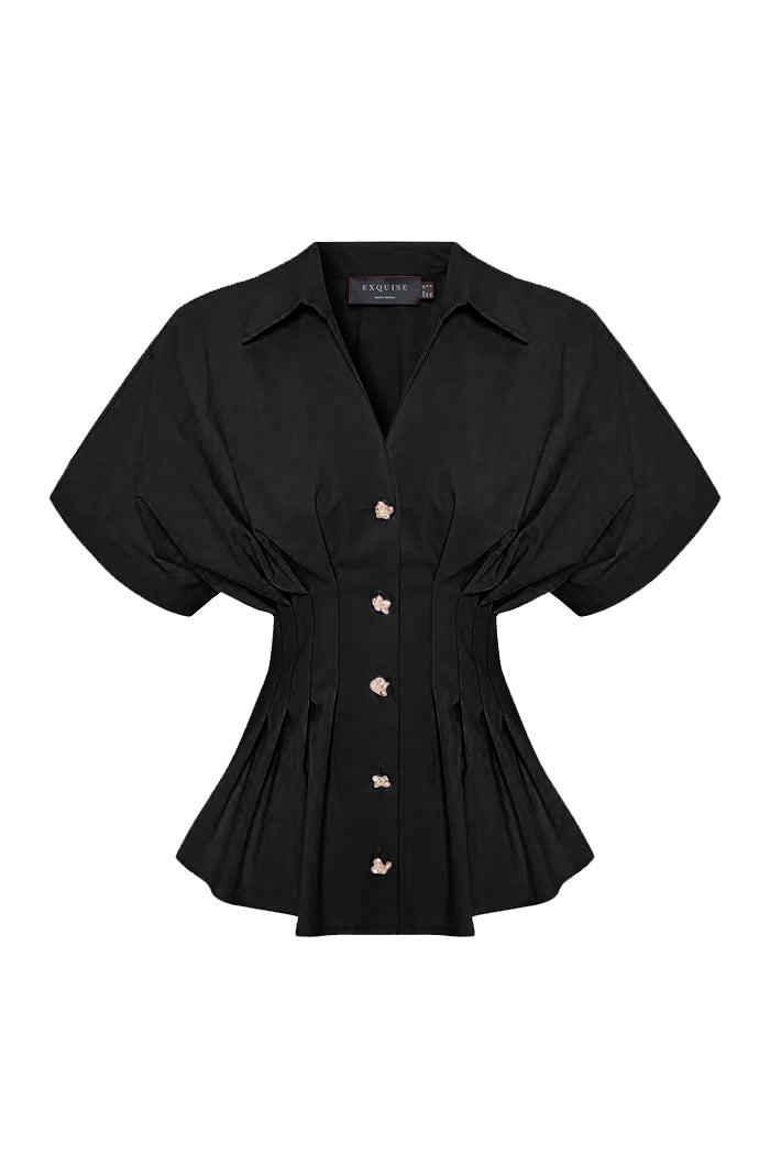 Düşük Kollu Bele Oturan Pileli Poplin Gömlek