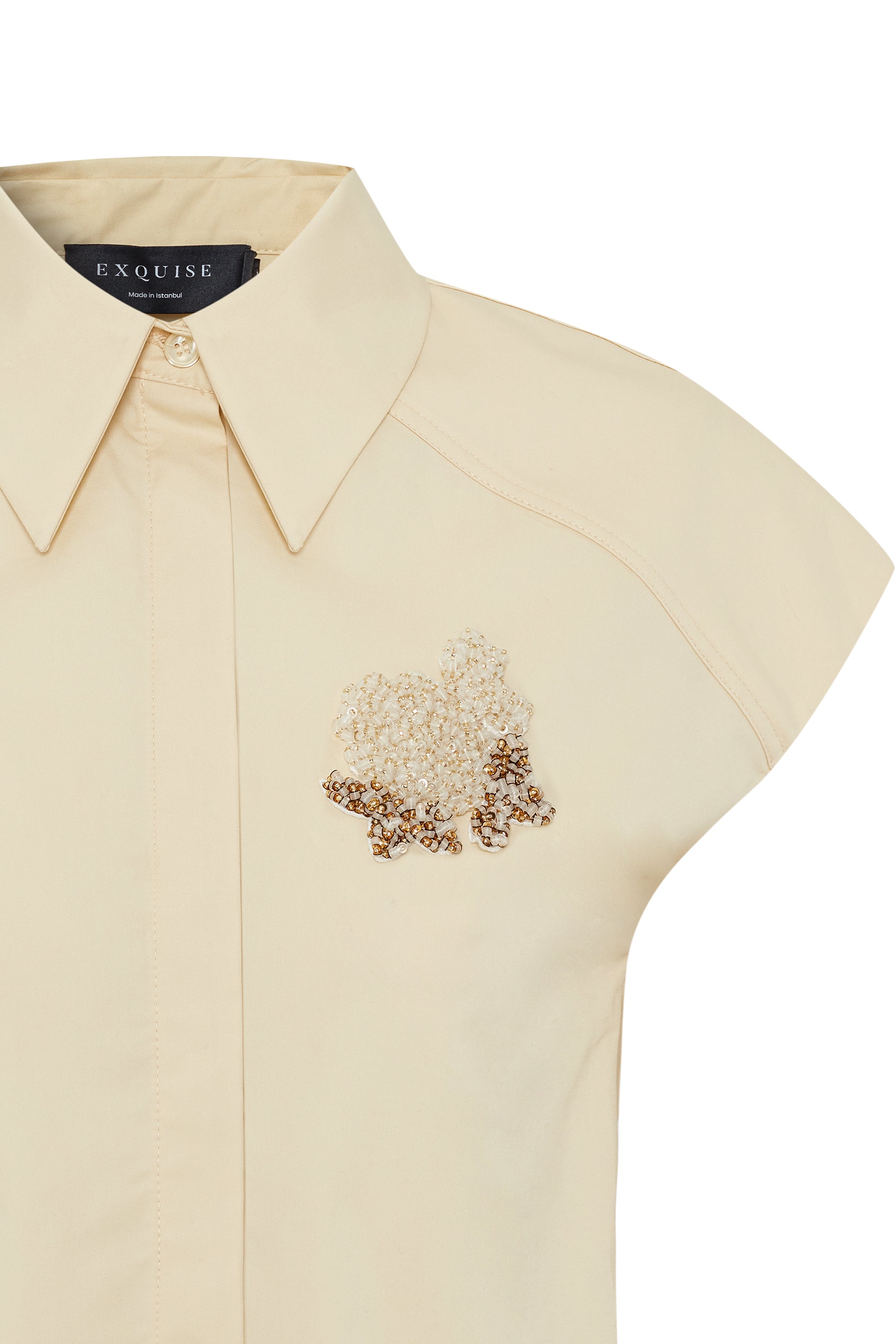 İşleme Detaylı Açık Sarı Pamuklu Crop Gömlek