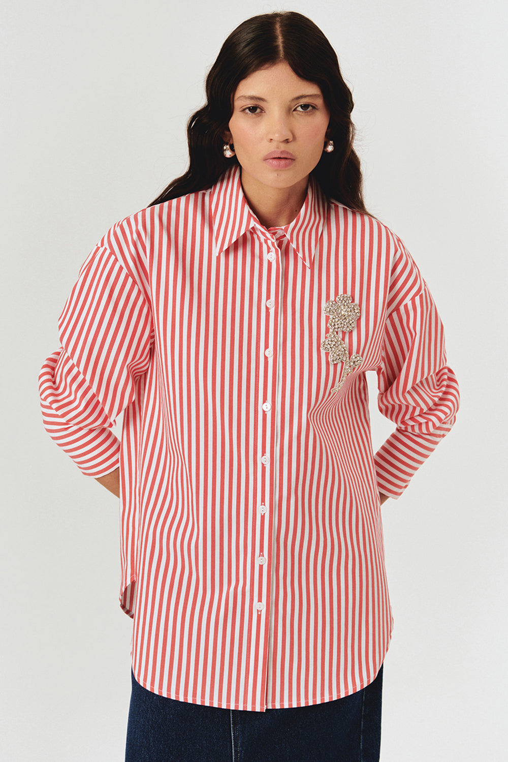 Taş İşleme Detaylı Lacivert Beyaz Oversize Çizgili Poplin Gömlek