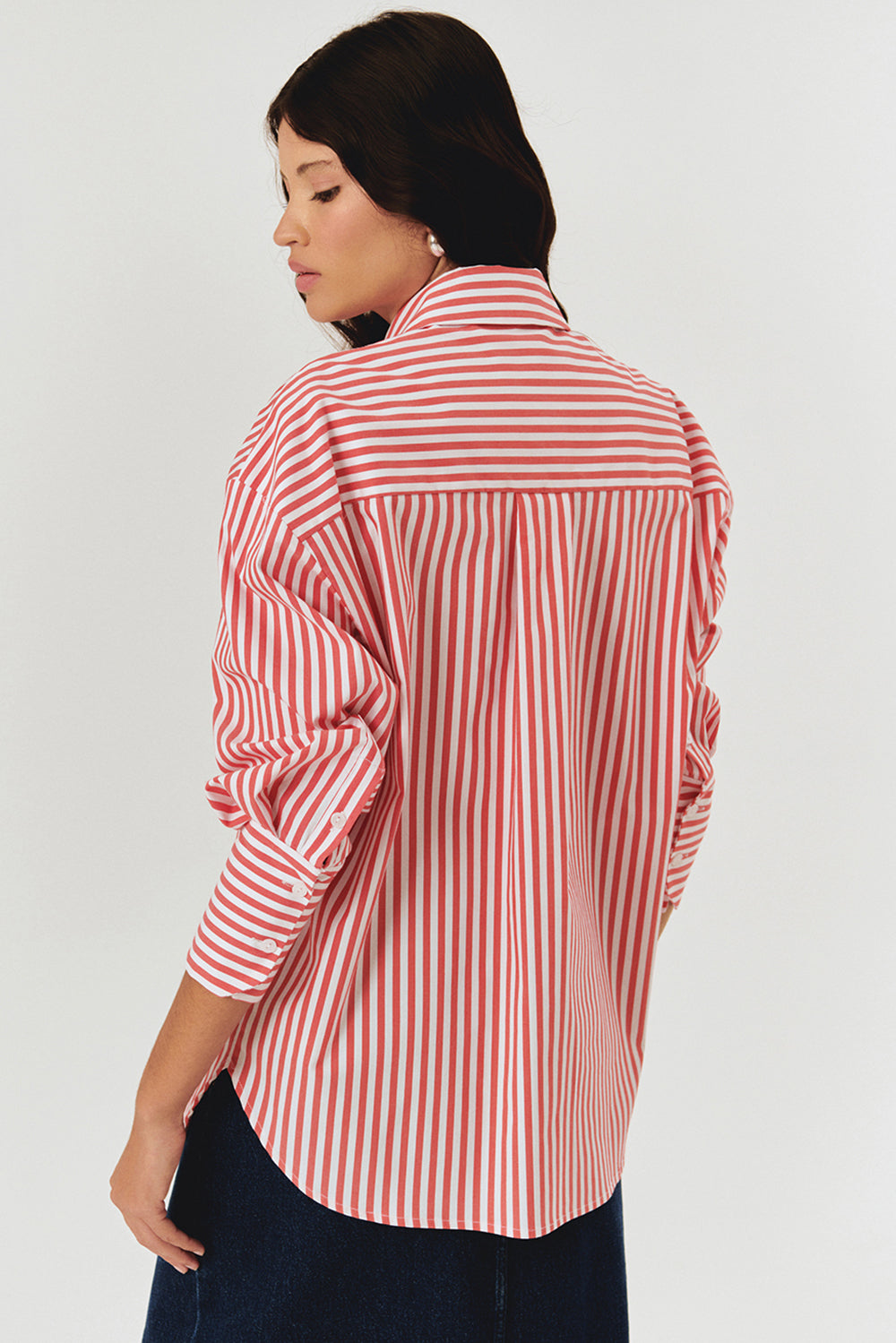 Taş İşleme Detaylı Lacivert Beyaz Oversize Çizgili Poplin Gömlek