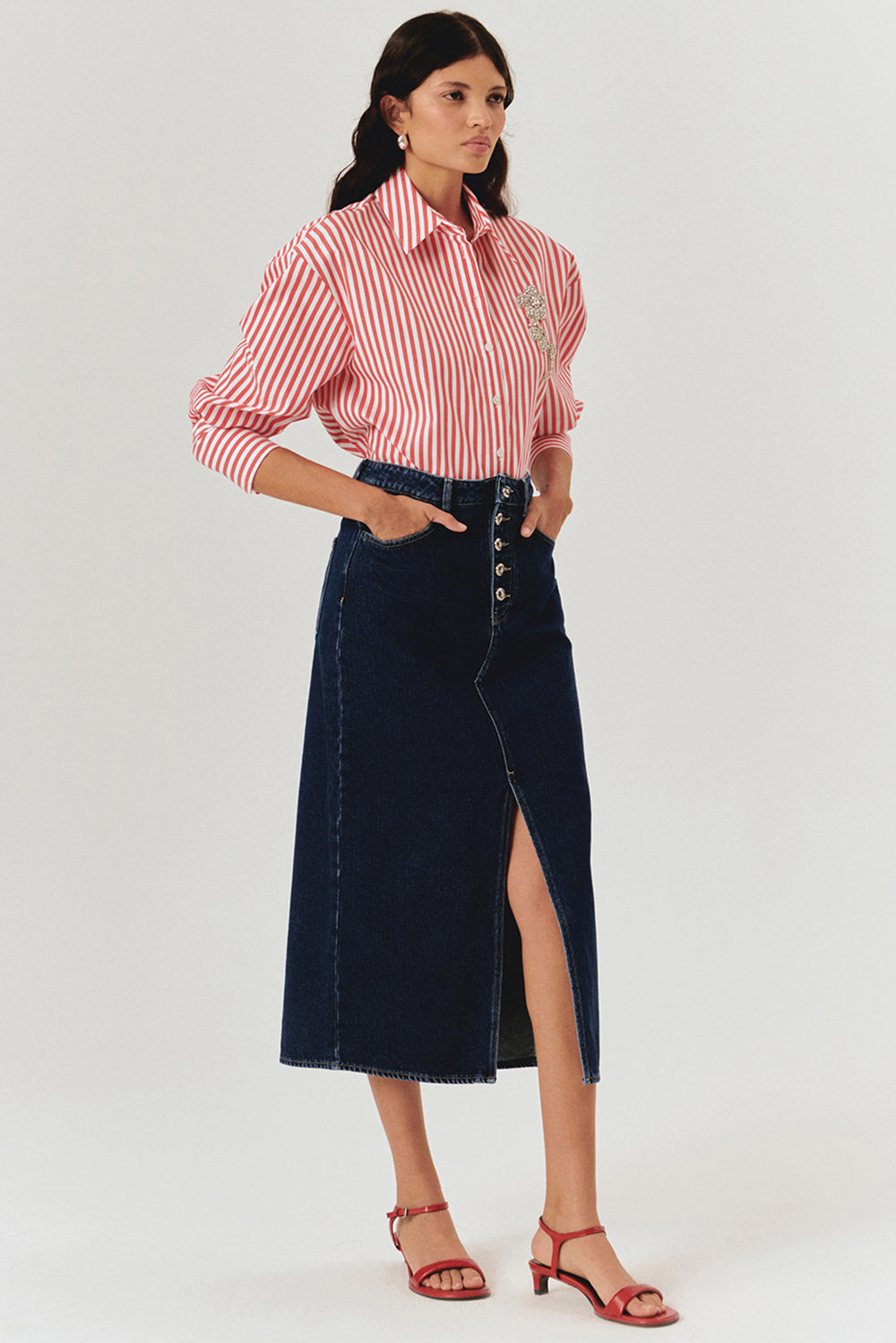 Taş İşleme Detaylı Lacivert Beyaz Oversize Çizgili Poplin Gömlek