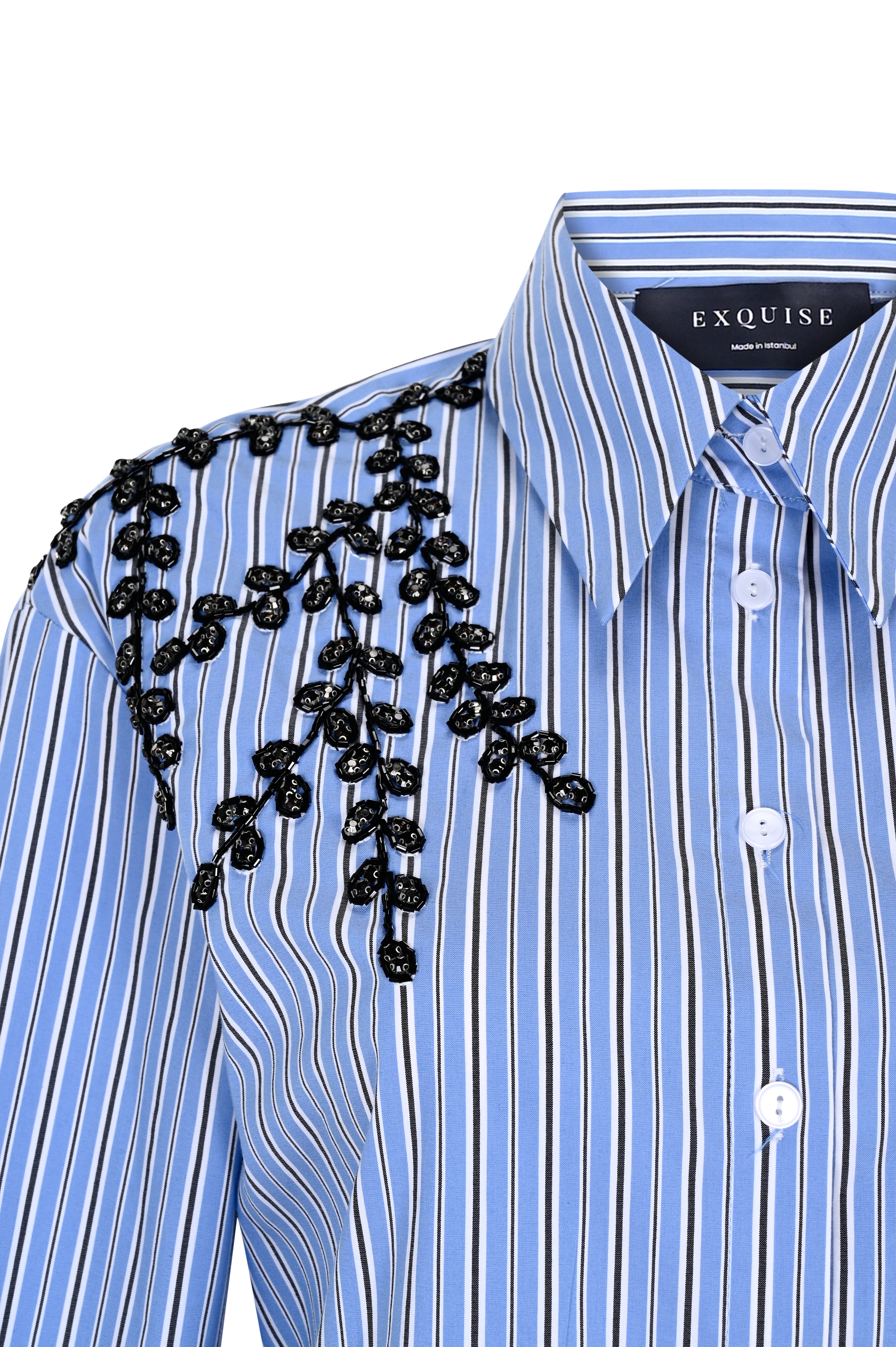 Omuzları Taş İşlemeli Regular Fit Çizgili Gömlek