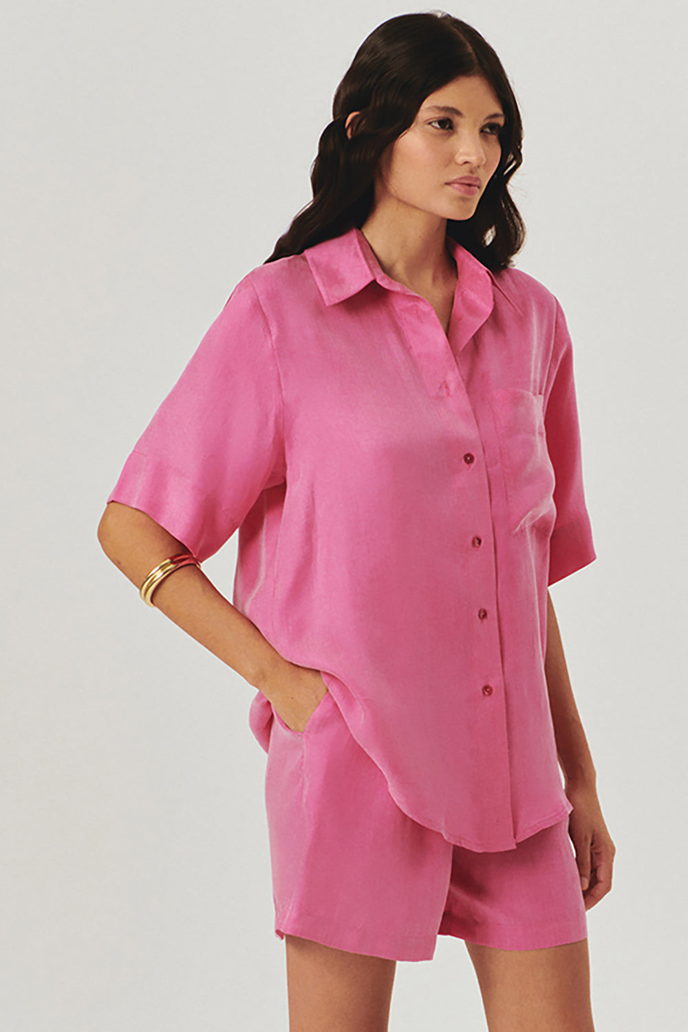 Düz Kesim Lyocell Regular Pembe Gömlek