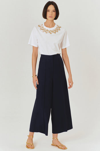 Yüksek Bel Geniş Paçalı Lacivert Culotte Pantolon