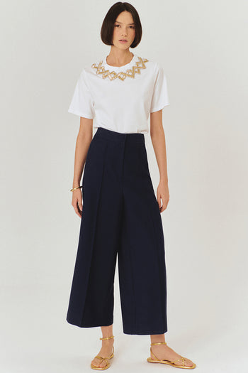 Yüksek Bel Geniş Paçalı Lacivert Culotte Pantolon