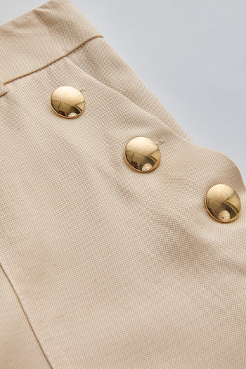 Düz Kesim Uyumlu Kemerli Yüksek Bel Bej Pantolon