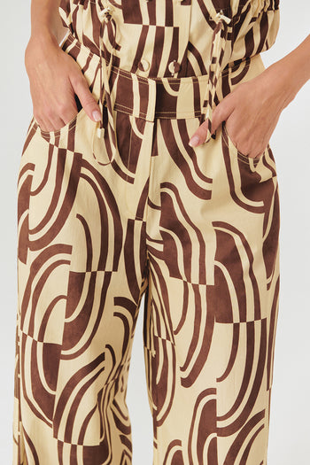 Soyut Desenli Pamuklu Kahve-Kemik Wide Leg Pantolon