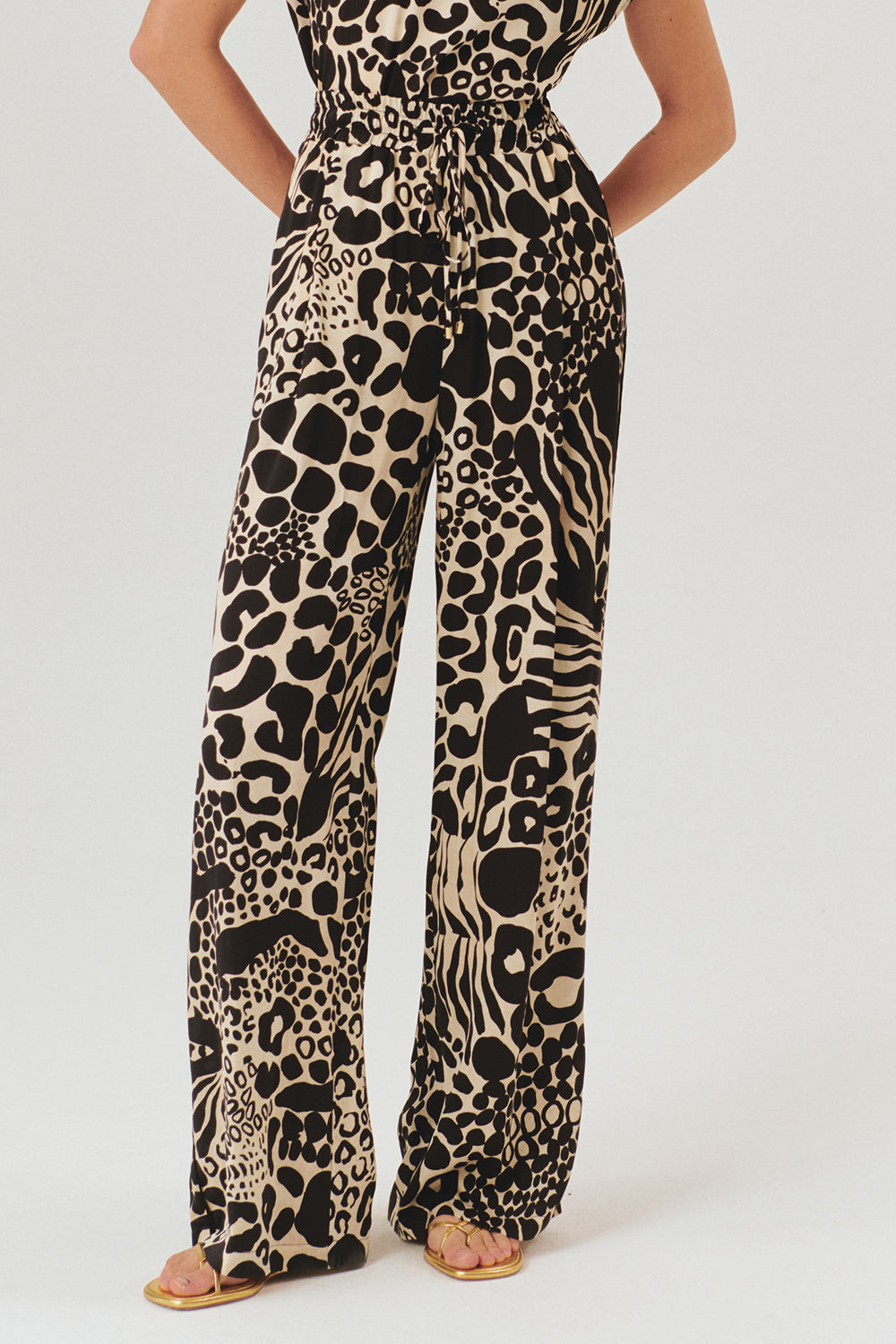 Ayarlanabilir Bağcıklı Yüksek Bel Desenli Bol Kesim Pantolon