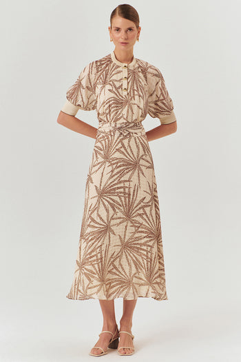 Beli Büzgülü Yaprak Desenli Regular Rayon Şifon Midi Boy Etek