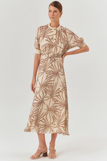 Beli Büzgülü Yaprak Desenli Regular Rayon Şifon Midi Boy Etek