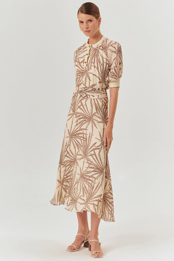 Beli Büzgülü Yaprak Desenli Regular Rayon Şifon Midi Boy Etek