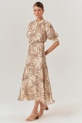 Beli Büzgülü Yaprak Desenli Regular Rayon Şifon Midi Boy Etek