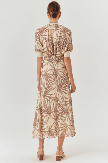 Beli Büzgülü Yaprak Desenli Regular Rayon Şifon Midi Boy Etek