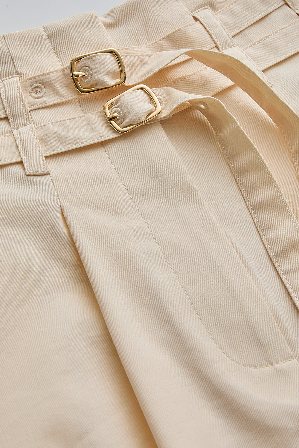 Çift İnce Kemer Detaylı Midi Boy Bej Etek