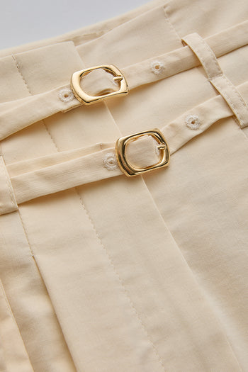 Çift İnce Kemer Detaylı Midi Boy Bej Etek