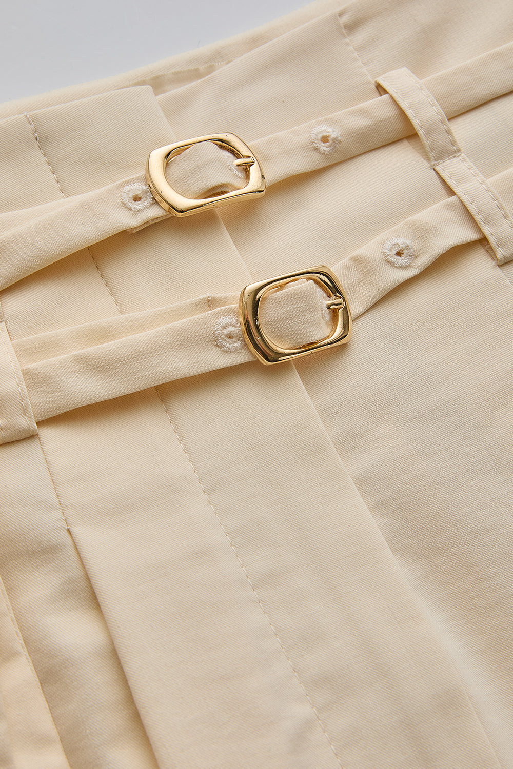 Çift İnce Kemer Detaylı Midi Boy Bej Etek