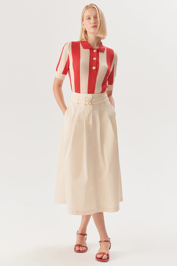 Çift İnce Kemer Detaylı Midi Boy Bej Etek