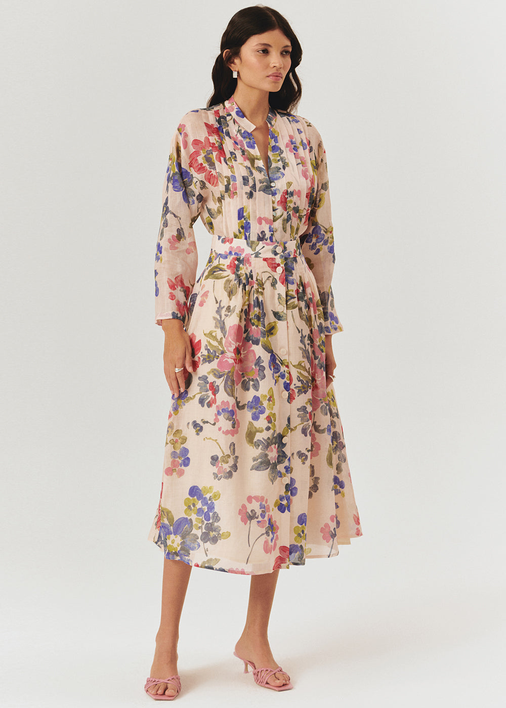 Önden Düğmeli Midi Boy Cepli Floral Desen Etek