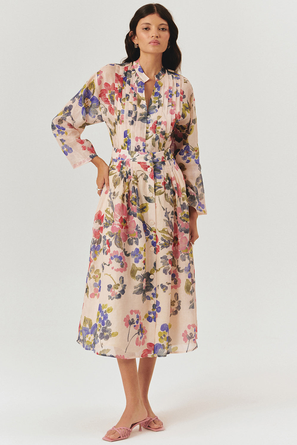 Önden Düğmeli Midi Boy Cepli Floral Desen Etek