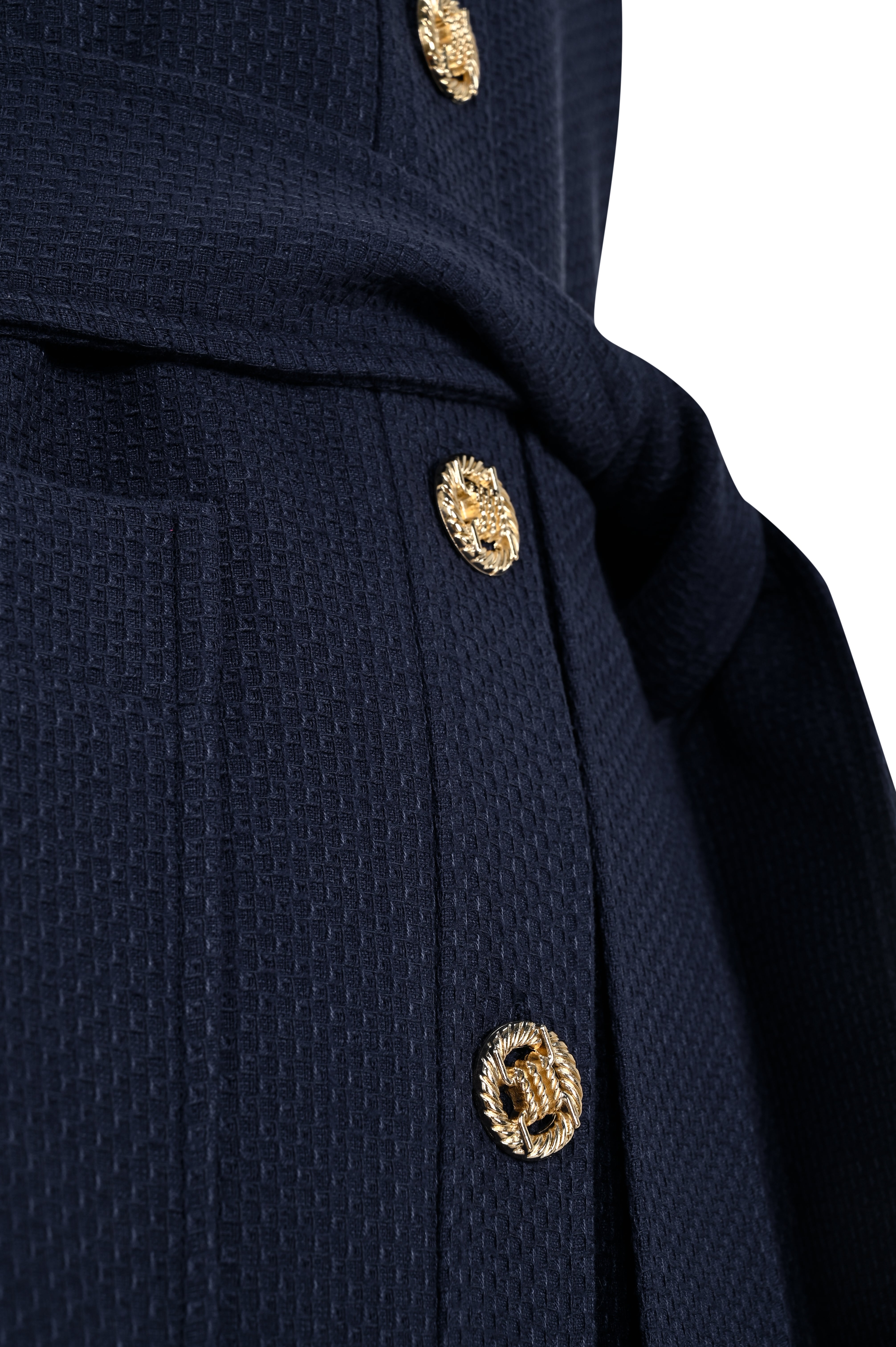 Gold Düğme Detaylı Kuşaklı Dokulu Kumaş Cepli Slim Fit Lacivert Yelek