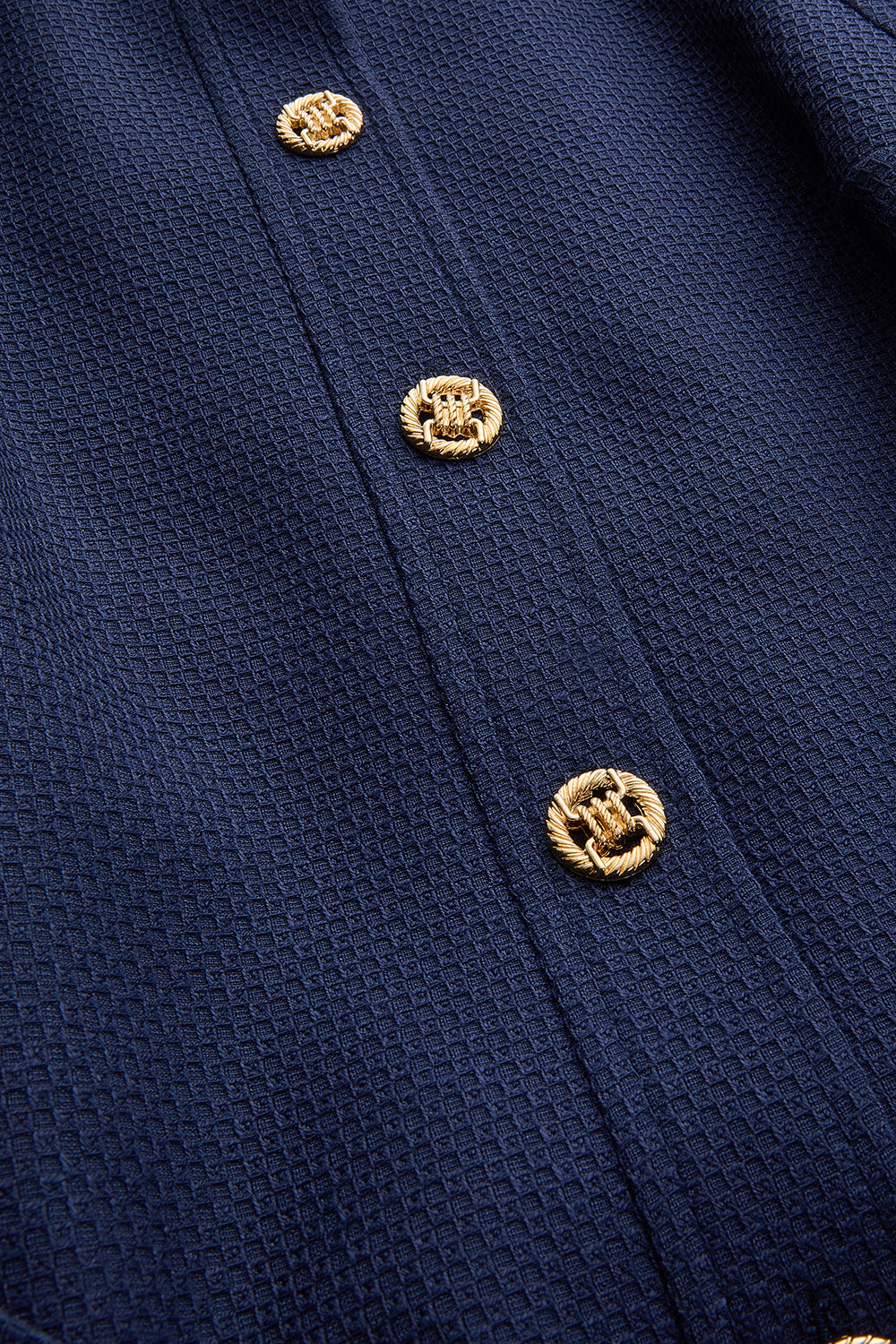 Gold Düğme Detaylı Kuşaklı Dokulu Kumaş Cepli Slim Fit Lacivert Yelek