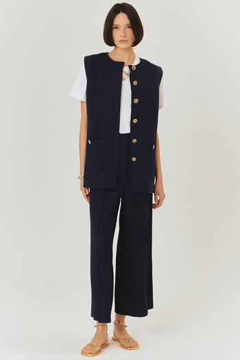 Gold Düğme Detaylı Kuşaklı Dokulu Kumaş Cepli Slim Fit Lacivert Yelek