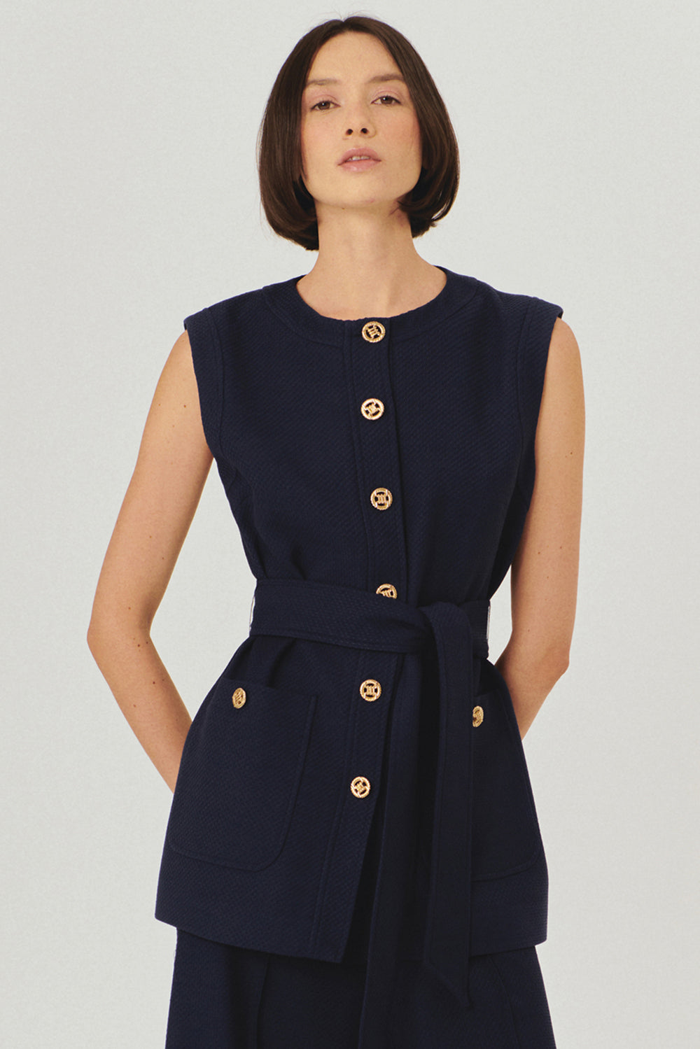 Gold Düğme Detaylı Kuşaklı Dokulu Kumaş Cepli Slim Fit Lacivert Yelek