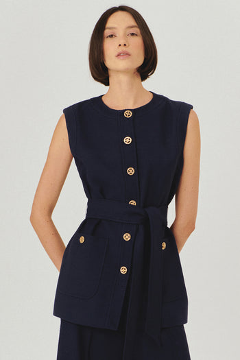 Gold Düğme Detaylı Kuşaklı Dokulu Kumaş Cepli Slim Fit Lacivert Yelek